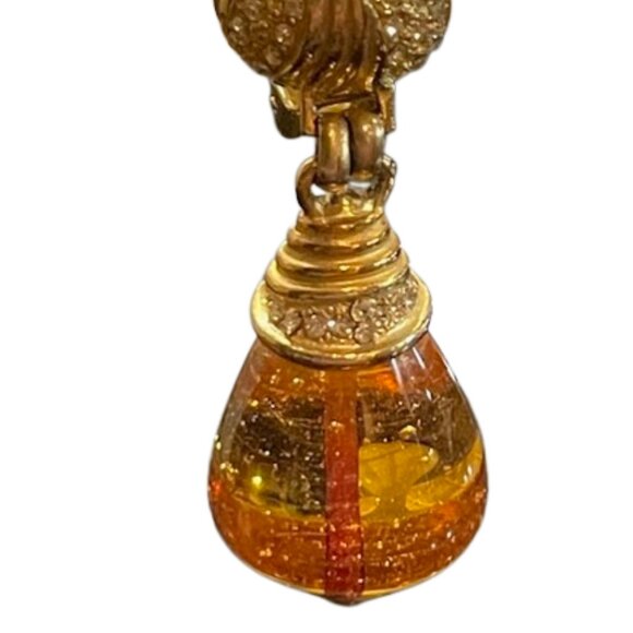 Vintage Roxanne Assoulin Amber Glass & Crystal Dangle Gold Tone Clip Earrings - Picture 2 of 9